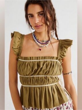 Free People Olive Claude Corset Ruffle Sleeve Peplum Top